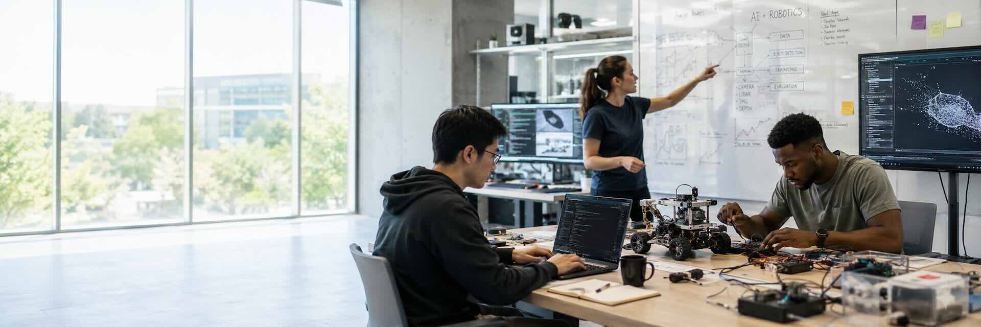 Documentary photograph representing the AI and Emerging Technology sector at work. Real setting, natural light, mid-activity.