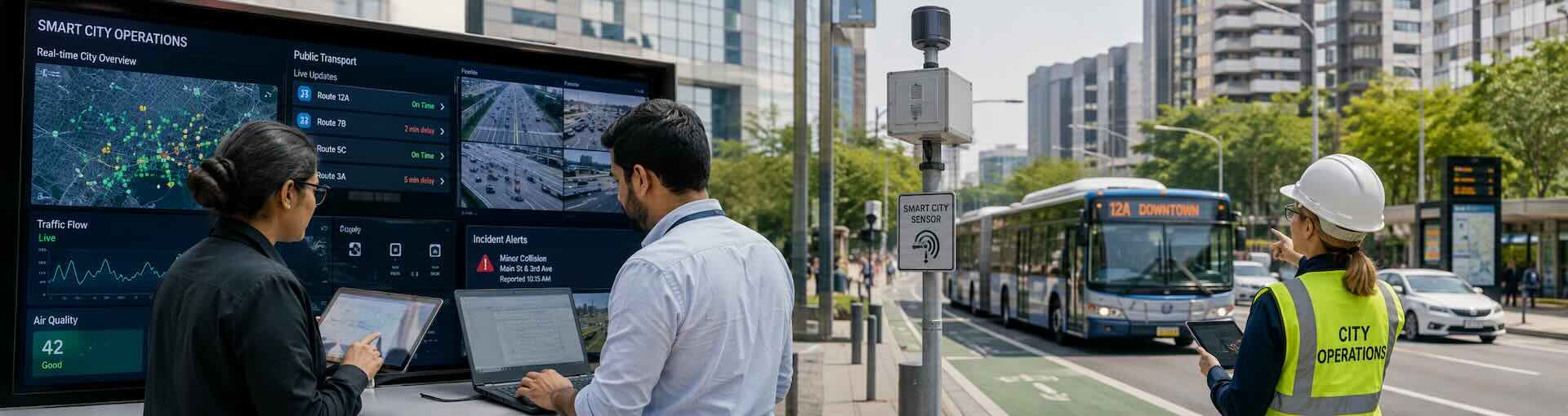 Documentary photograph representing the Smart City sector at work. Real setting, natural light, mid-activity.